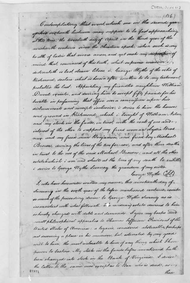 George Wythe's will, stating that his books will be given to Thomas Jefferson