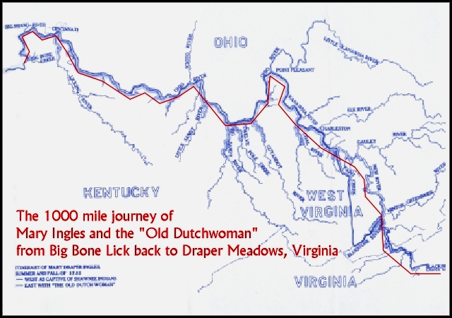 Map of Mary Draper Ingles' long journey back home.