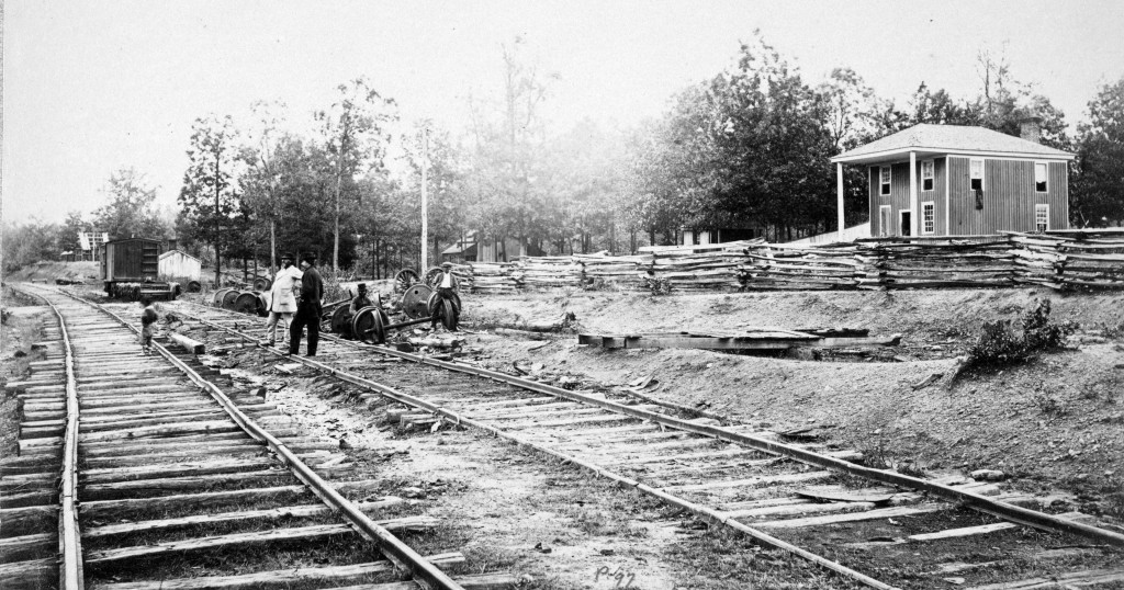Troops by the Staunton Train Depot's tracks.