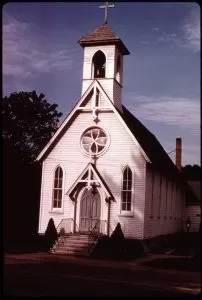 Helltown’s infamous church, emblazoned with inverted crosses.